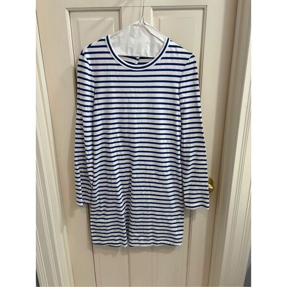 A.L.C. White Blue Striped Knit Long Sleeve Knotted Open Back T-Shirt Dress - Picture 1 of 5